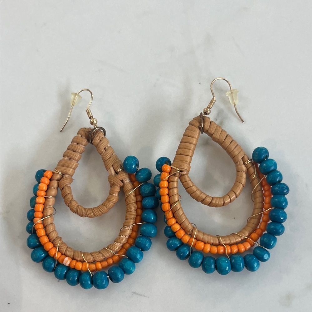Handcrafted Teardrop Earrings with Blue and Orange Beads